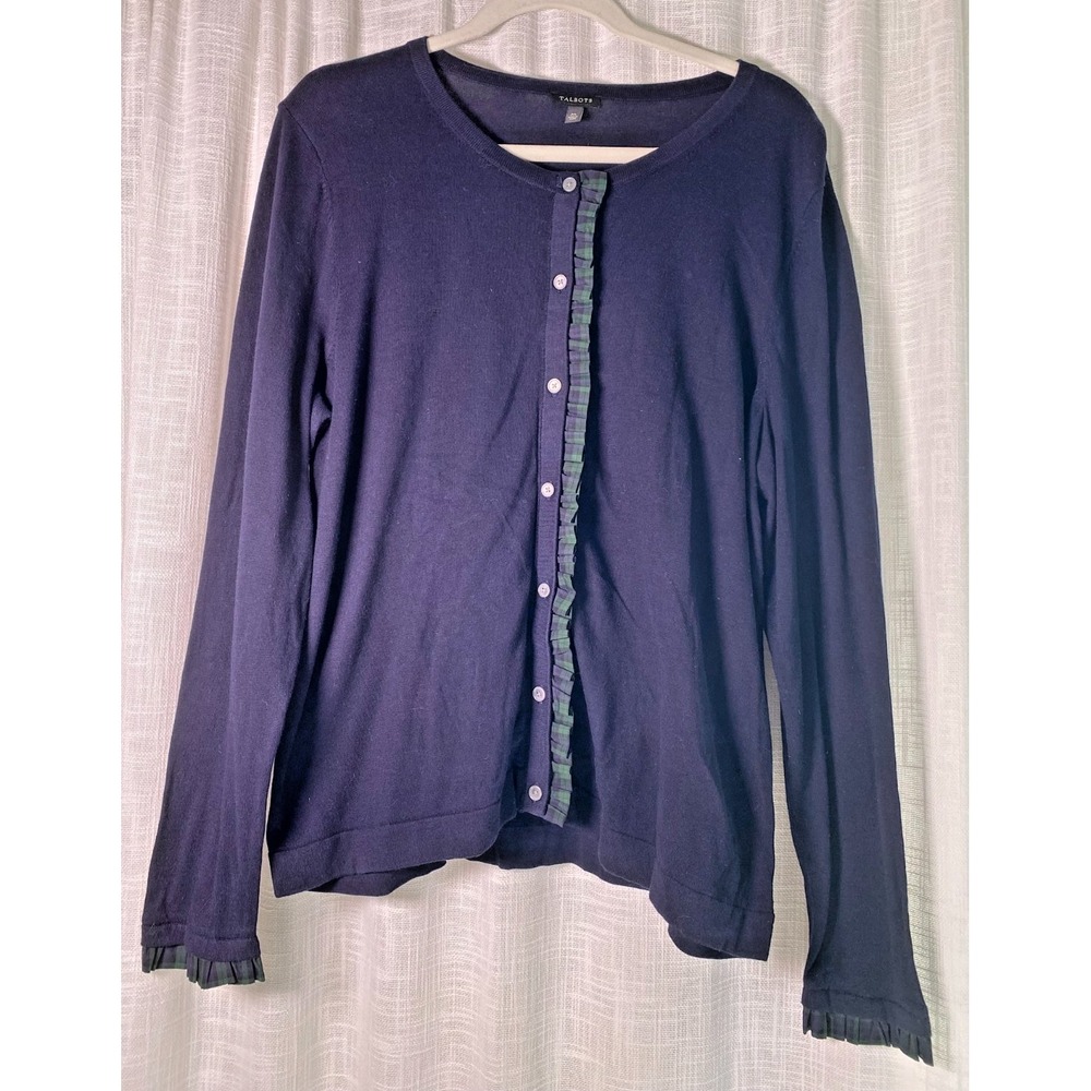 NWOT Talbots Navy Blue Button Front Cardigan Plaid Ruffle Trim XL Office Lux